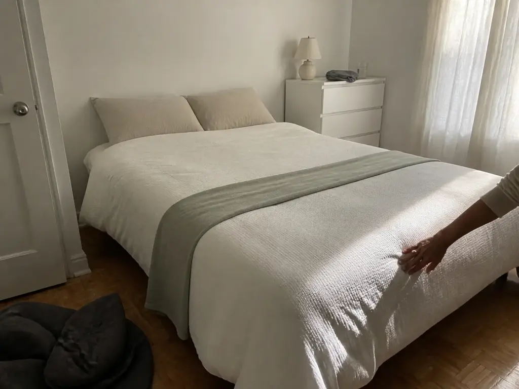 How to Make a Small Bedroom Look Bigger for Renters 2 Light bedding and curtains layered against plain white rental walls to open up a small bedroom