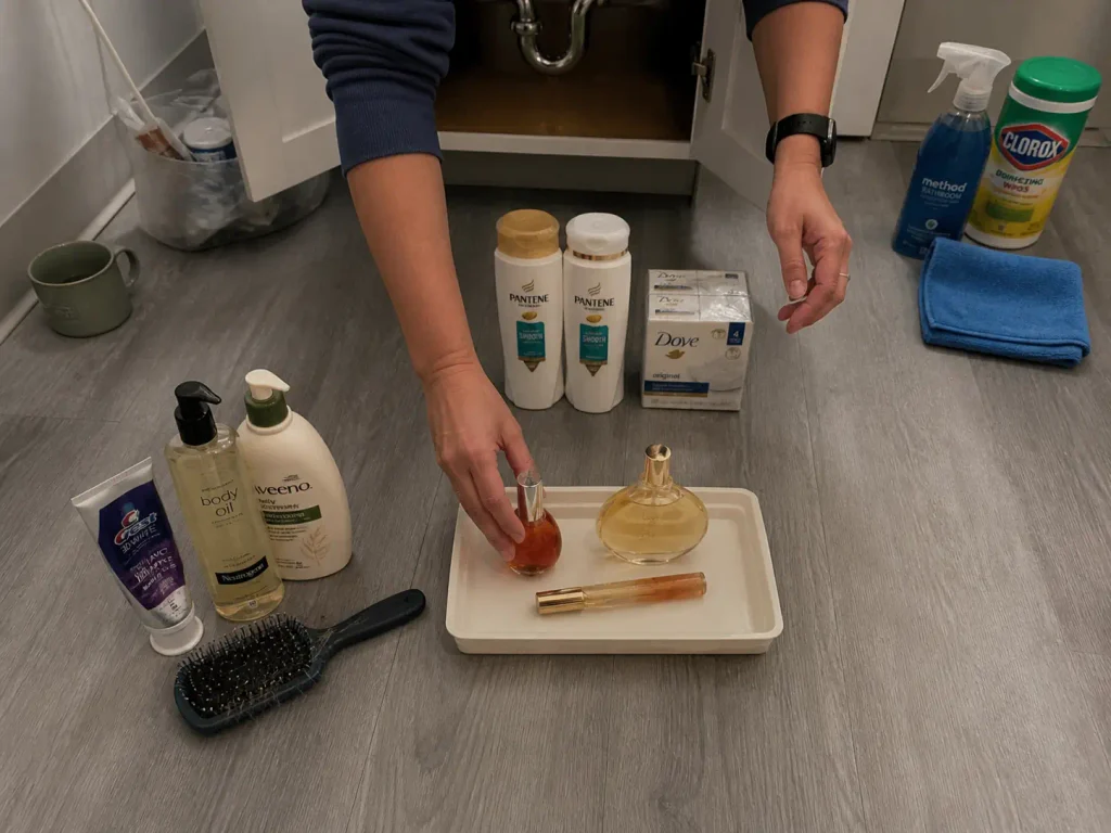 Sorted toiletries and cleaning supplies in separate groups on a bathroom floor beside an mDesign tray
