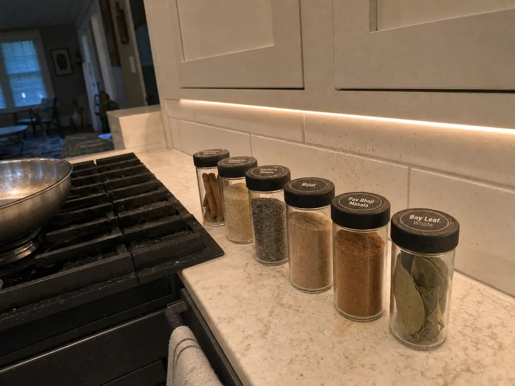 Labeled glass spice jars beside a cooktop showing oil splatter on the nearest jar