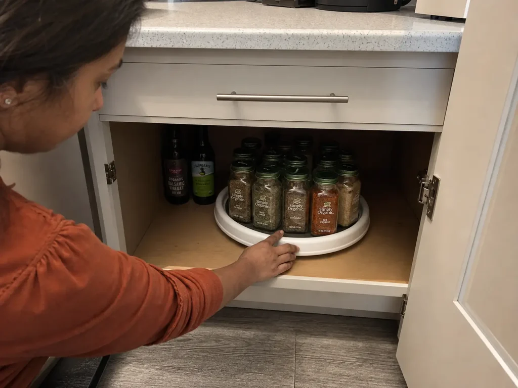 Hand spinning a turntable of spice jars inside a deep kitchen cabinet to bring the back row forward
