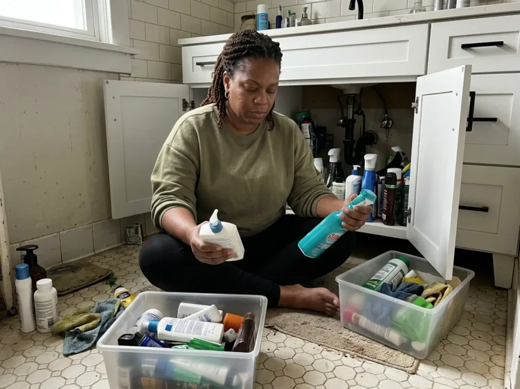Cleaning supplies and toiletries separated into two bins beside a bathroom vanity cabinet