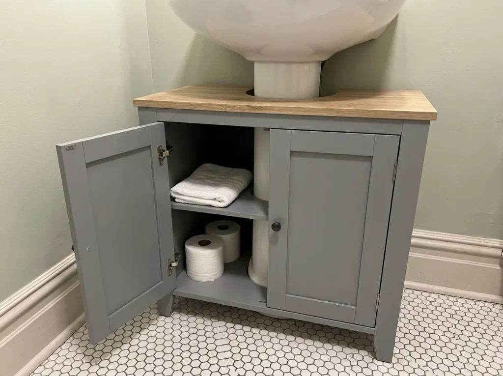 U-shaped wrap-around cabinet fitted around a pedestal sink base with one door open showing the shelf