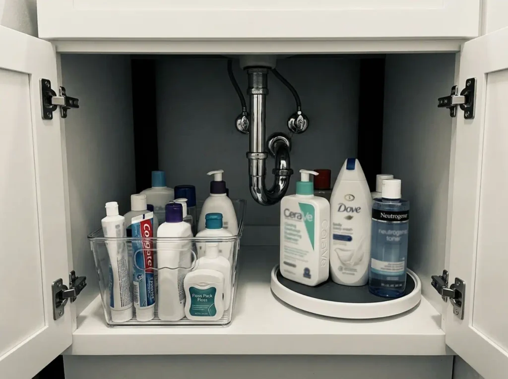 Clear stackable bins and a turntable arranged under a bathroom sink by how often each item is used