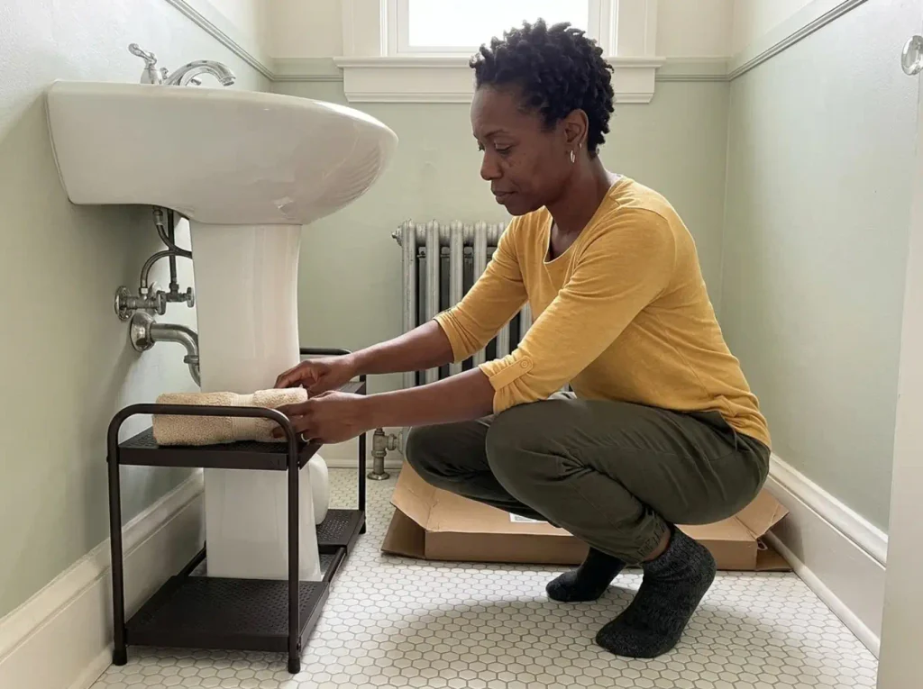 Expandable two-tier organizer standing in the narrow gap between a pedestal sink and the bathroom wall