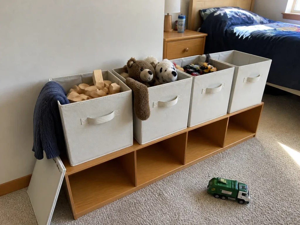 Open fabric cube bins holding sorted toys on a low shelf in a kids bedroom toy zone