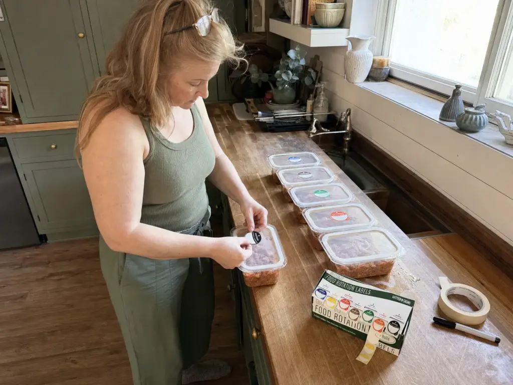 Woman pressing a day-of-week label onto a clear meal prep container at the kitchen counter