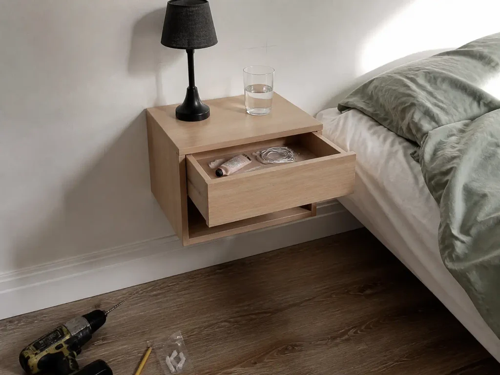 Wall-mounted floating nightstand with a drawer installed beside a bed in a small bedroom