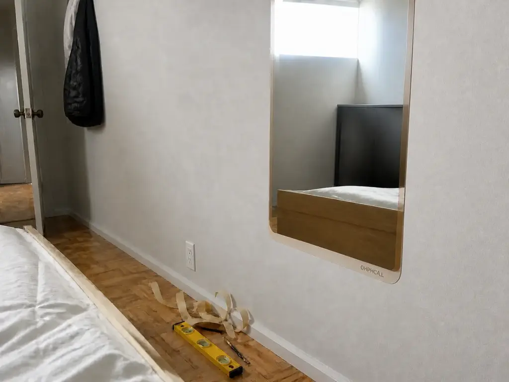 How to Make a Small Bedroom Look Bigger for Renters 3 Hands pressing a self-adhesive acrylic mirror panel onto a rental bedroom wall opposite the window
