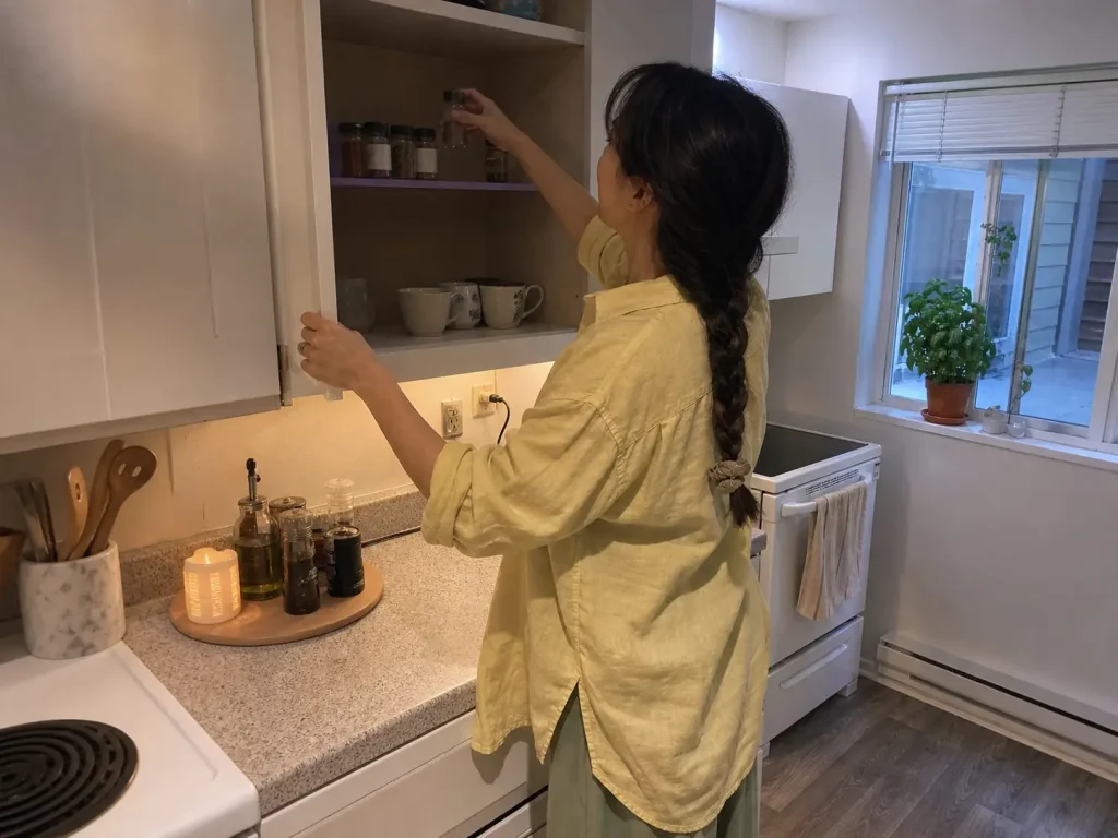 Renter setting spice jars on a no-drill tension rod shelf inside a small kitchen cabinet
