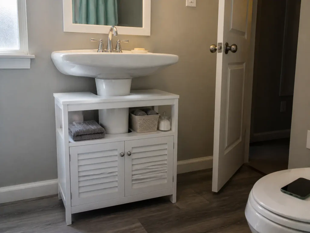 U-shaped storage cabinet wrapped around a pedestal sink base in a small rental bathroom