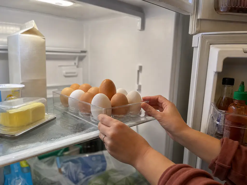 Hands placing a clear egg holder onto the middle shelf of a refrigerator