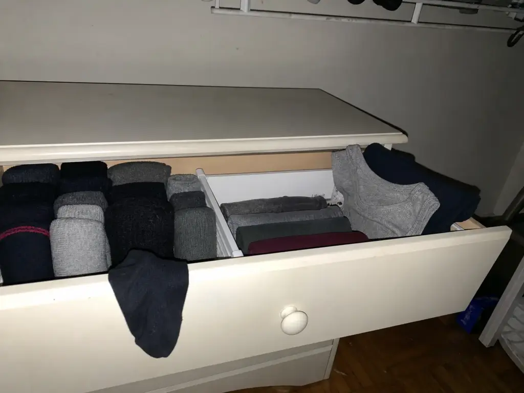 Shallow top dresser drawer with a low-profile divider separating file-folded socks and underwear