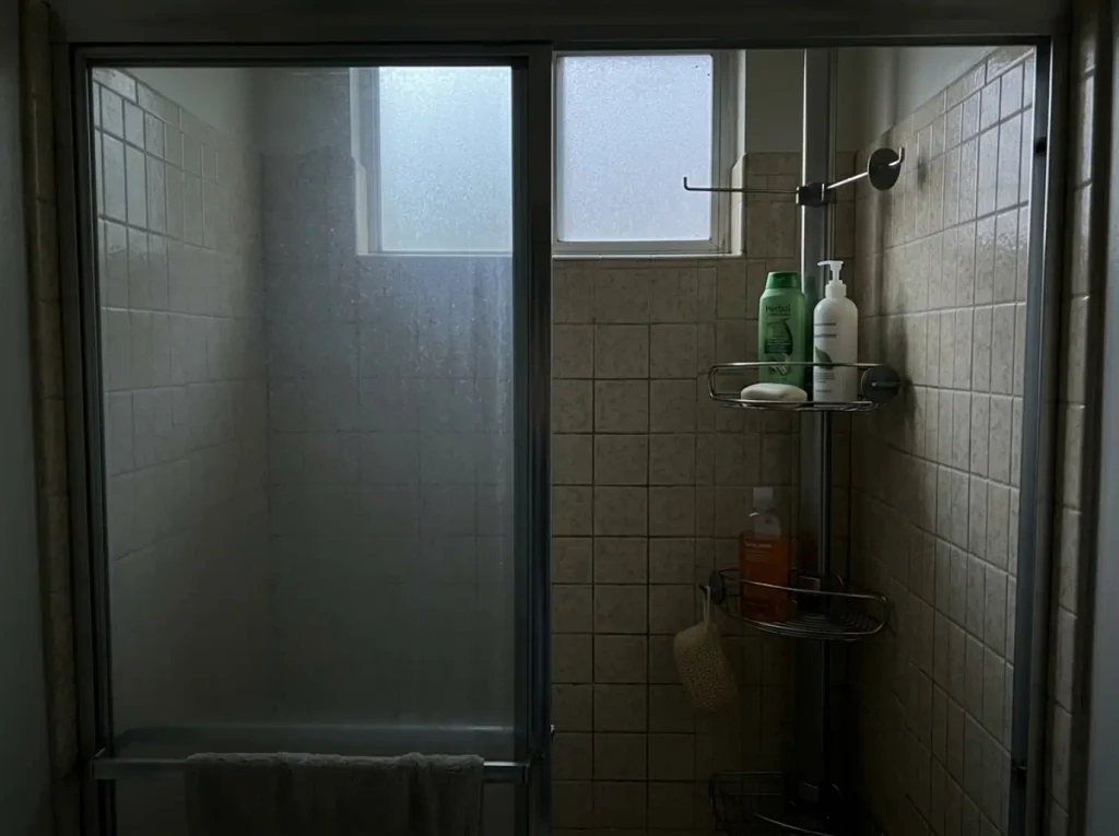 Stainless tension pole caddy standing in the corner of a small tiled shower stall