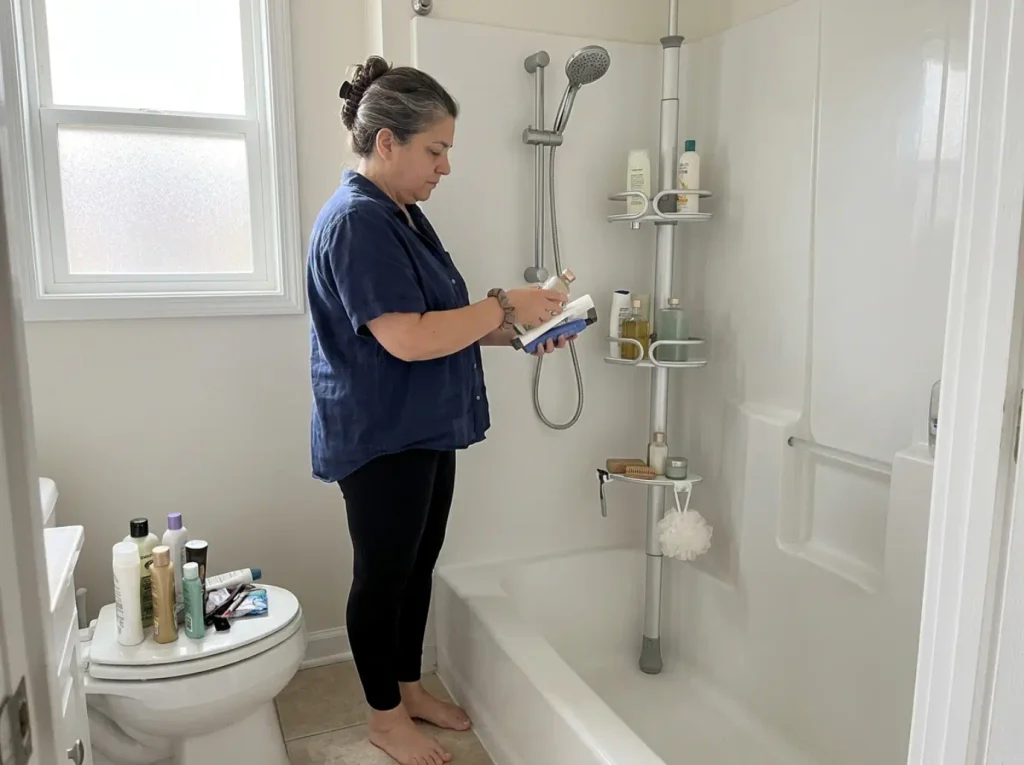 Best Shower Caddies for Renters and Shared Baths 5 Tension pole shower caddy standing in the corner of a townhouse shower with a handheld showerhead