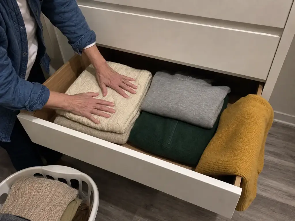 Folded socks and underwear filed upright in a 16-compartment drawer organizer bin