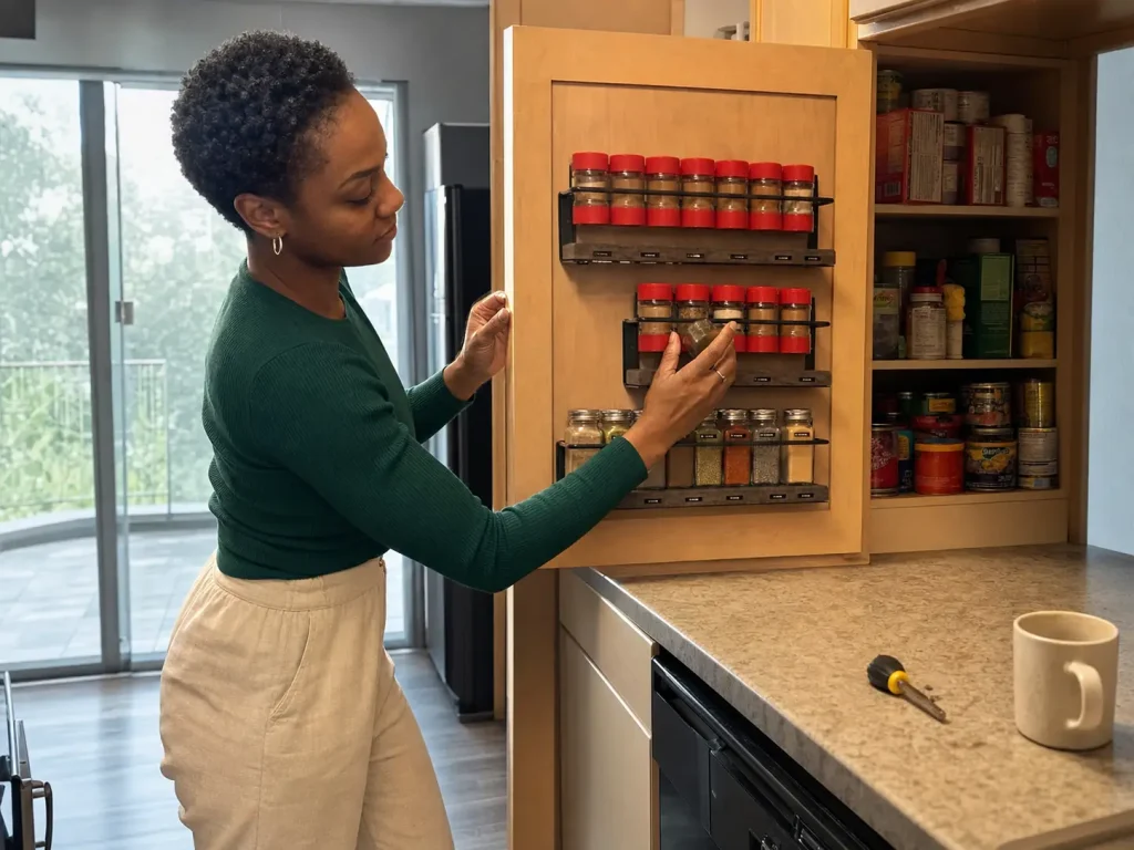 How to Organize Spices in a Small Kitchen Without a Rack 5 Woman loading spice jars into a SpaceAid cabinet door rack in a small galley kitchen