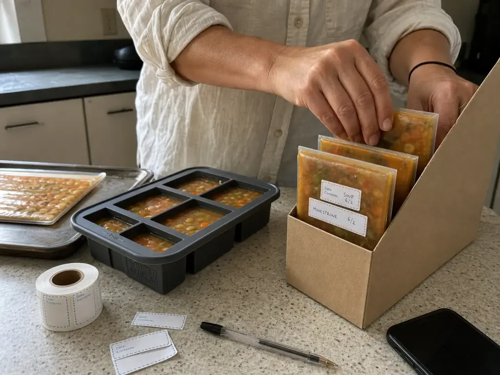 Hands filing flat-frozen bags upright beside a Souper Cubes tray and removable freezer labels