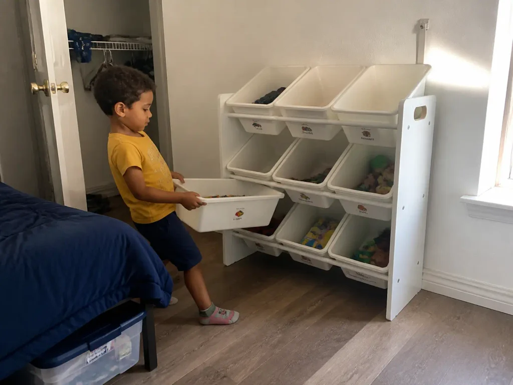 Child pulling a labeled bin from a three-tier toy organizer at their own reach height