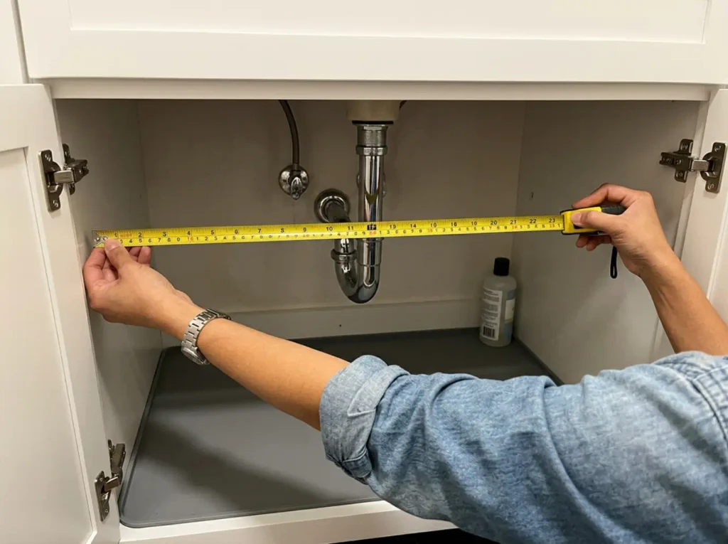 Tape measure held across the inside width of an open bathroom vanity cabinet beside the drain pipe