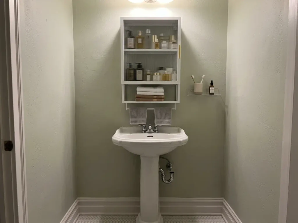No-drill glass-door wall cabinet mounted above a pedestal sink with acrylic shelves beside it