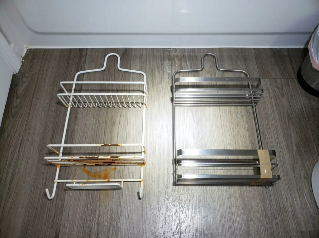 Rusted coated wire shower caddy beside a stainless one, showing which materials survive humidity