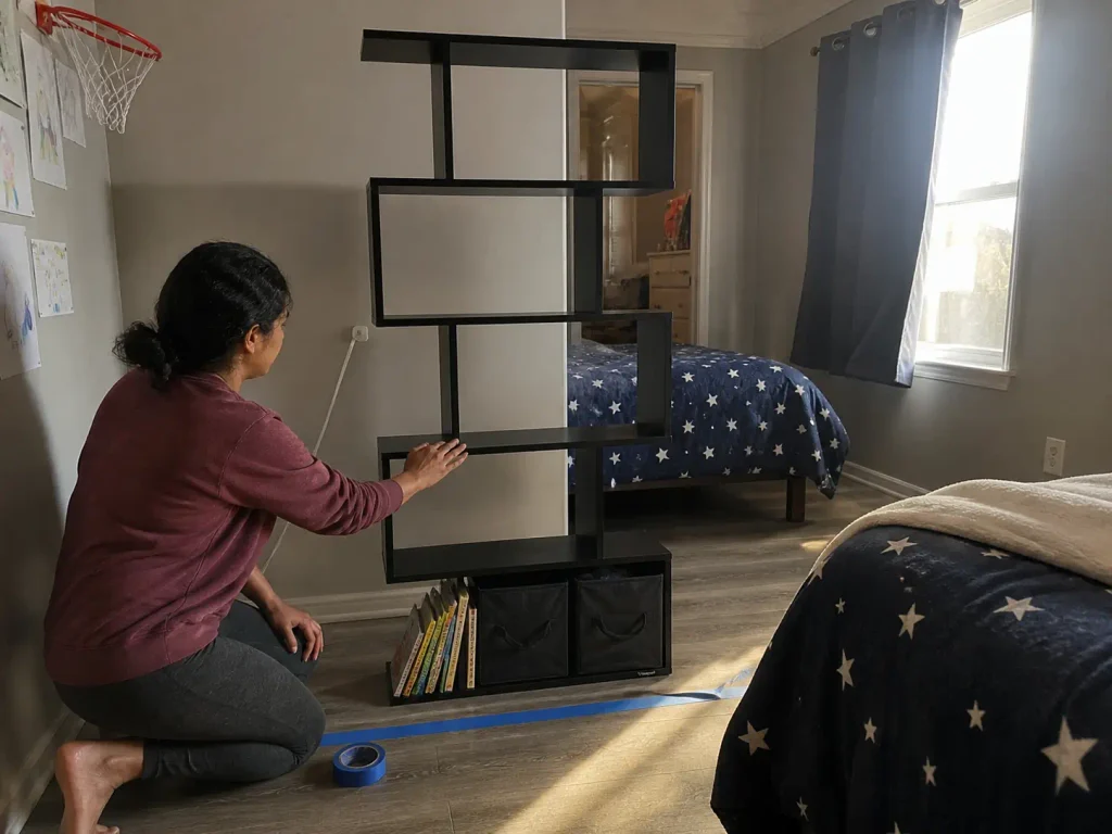 Open-back bookshelf used as a room divider between two kids' beds in a small shared bedroom