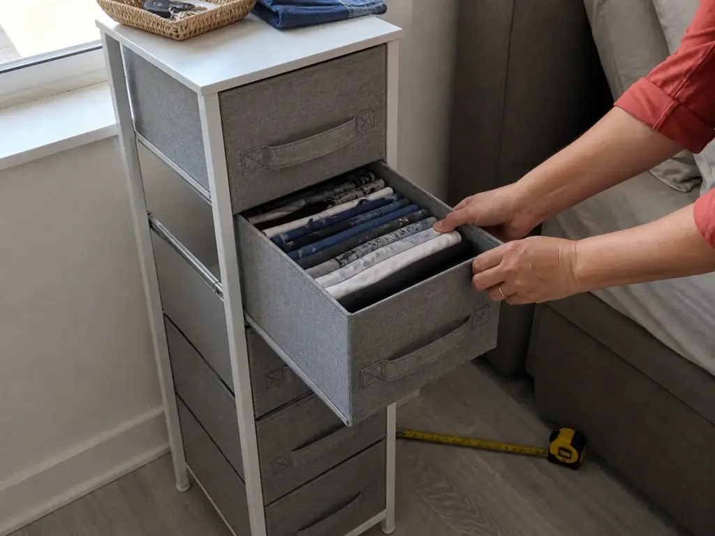 Narrow dresser in a small bedroom with a drawer fully extended showing the front clearance it needs