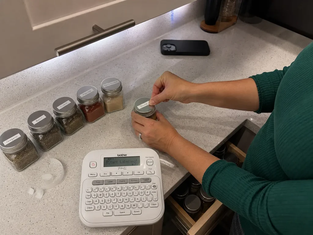 Hands pressing a printed label onto a spice jar lid next to a handheld label maker on a kitchen counter