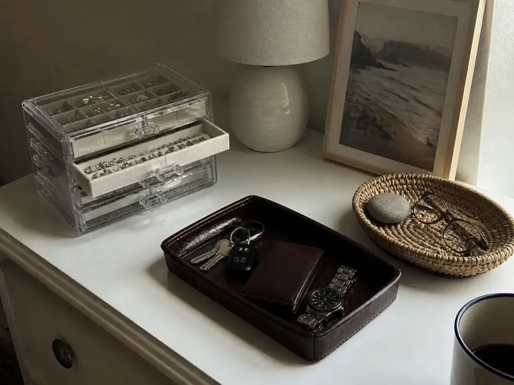 Three grouped containers on a dresser top separating jewelry, everyday carry and decorative items