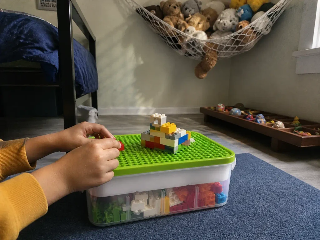Child building on the baseplate lid of a stackable LEGO storage organizer beside a corner stuffed animal hammock