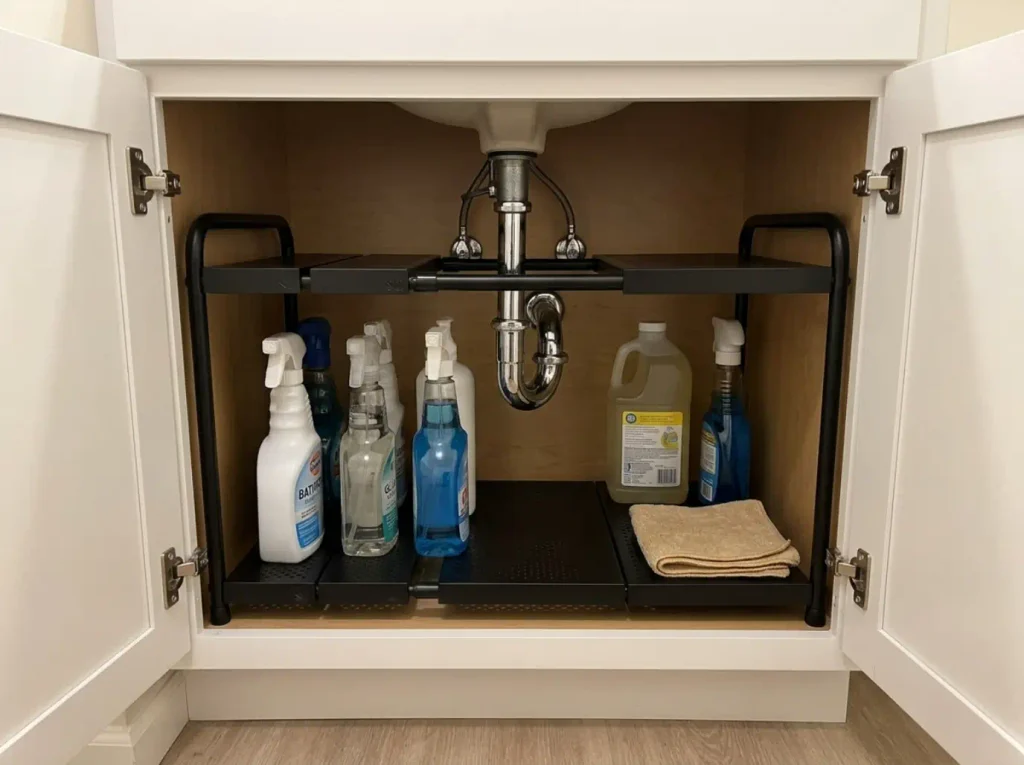 Cleaning Supplies Under the Sink? Store Them Safely 4 Two-tier expandable organizer holding spray bottles upright around the P-trap under a bathroom sink