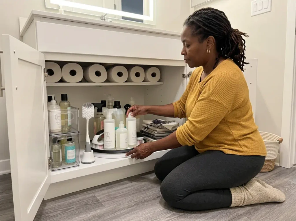 Lazy susan turntable holding bathroom bottles inside an under sink cabinet beside clear stackable bins