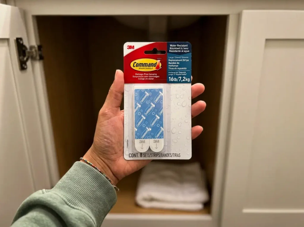 Command water-resistant adhesive strips held in a palm in front of an open bathroom vanity door