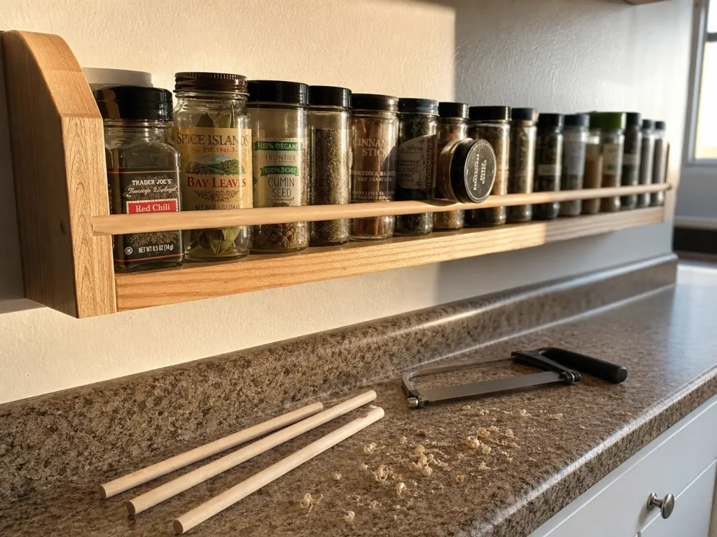 DIY open spice shelf with a hardwood dowel front rail holding glass jars in place