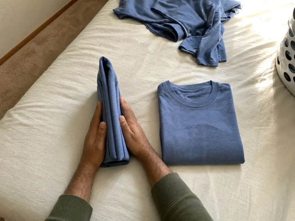 Hands setting a file-folded shirt upright next to a flat-folded shirt for comparison