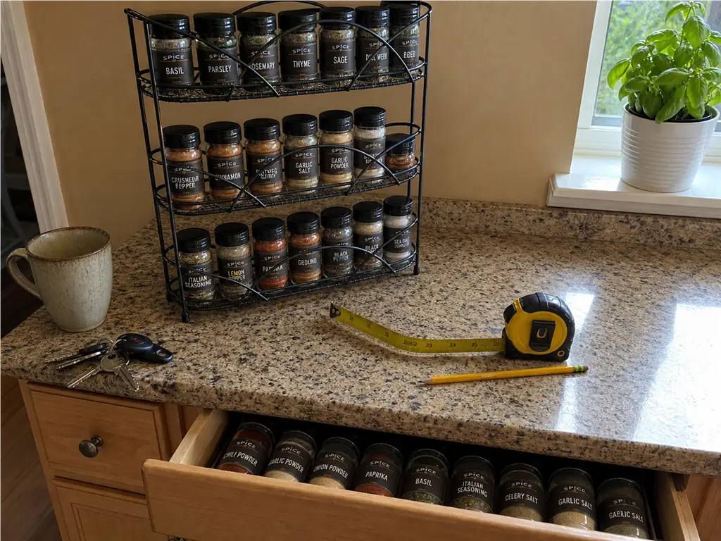Spice Drawer vs Spice Rack? Your Tape Measure Decides 6 Freestanding three-tier spice rack sitting on a counter beside a tape measure and an open drawer