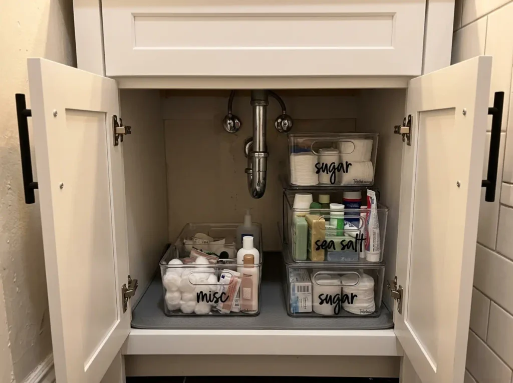 Labeled bins loaded back under a bathroom sink with daily-use items at the front of the cabinet