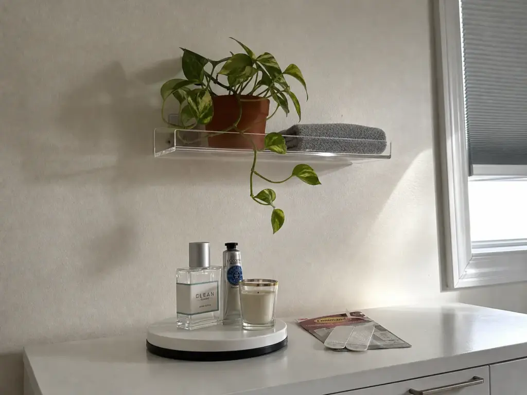 No-drill acrylic wall shelf mounted above a dresser with a small turntable on the surface below