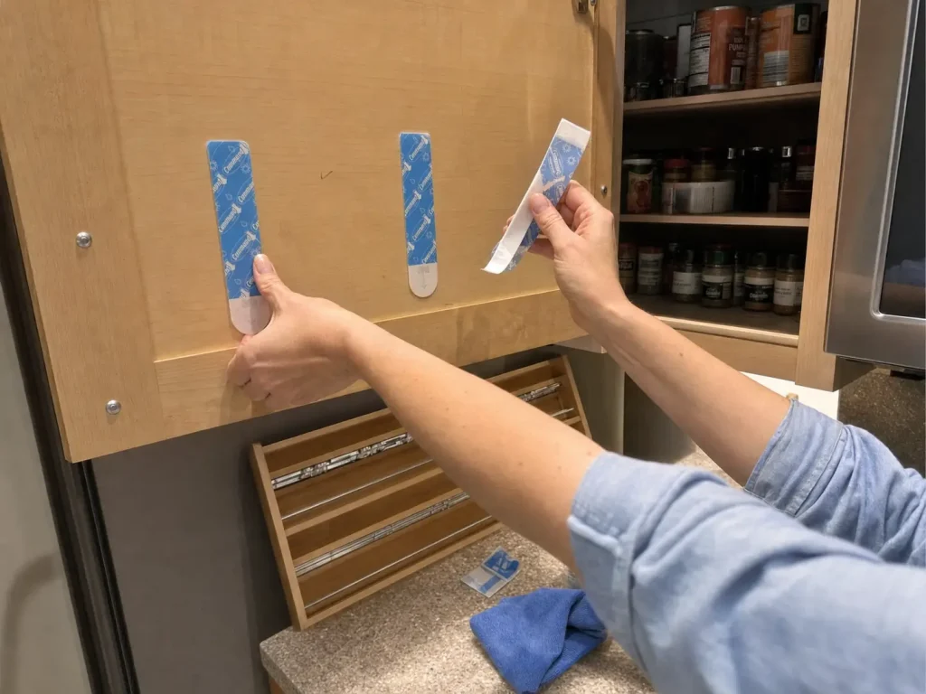 How to Organize Spices in a Small Kitchen Without a Rack 6 Hands pressing large Command adhesive strips onto a cabinet door for no-drill spice storage