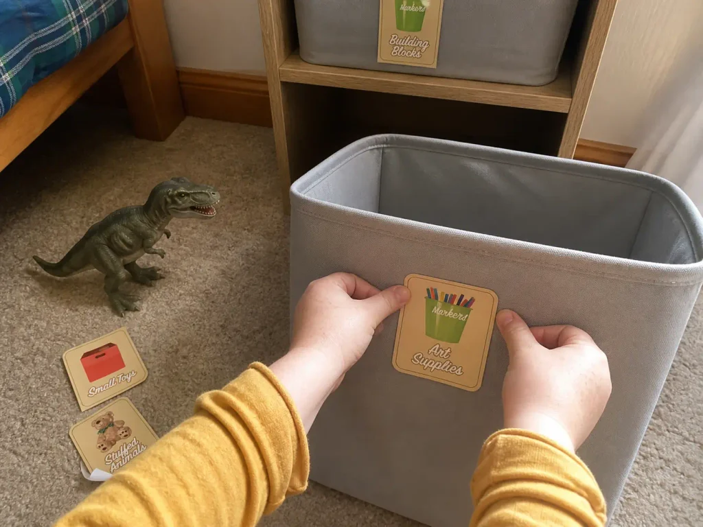 Child pressing a picture label onto a toy bin in a kids bedroom organization system