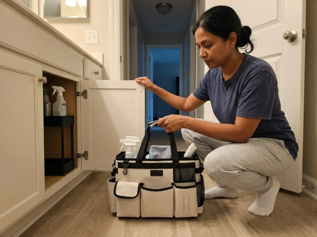 Cleaning Supplies Under the Sink? Store Them Safely 5 Portable cleaning caddy with spray bottles carried out of a bathroom into the hallway