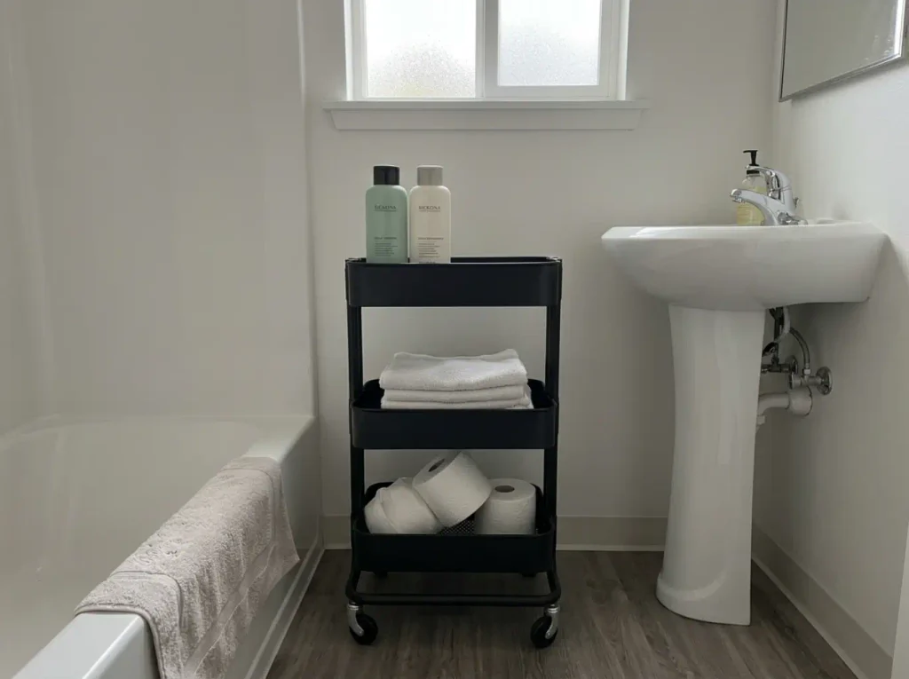 Black RASKOG rolling utility cart holding shampoo refills next to a rental bathroom vanity