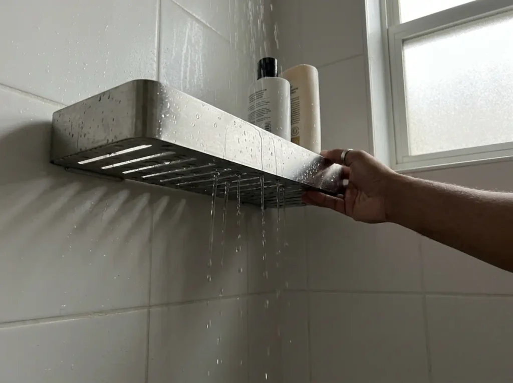 Shower caddy shelves being rinsed clear of soap film to keep drainage holes working