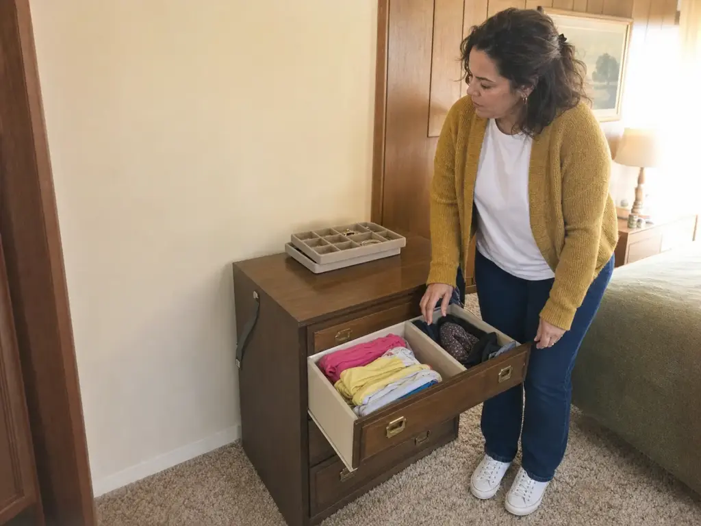 Best Drawer Dividers for Dressers That Actually Fit 13 Child's dresser drawer with two wide zones of folded clothes and a stackable accessory tray
