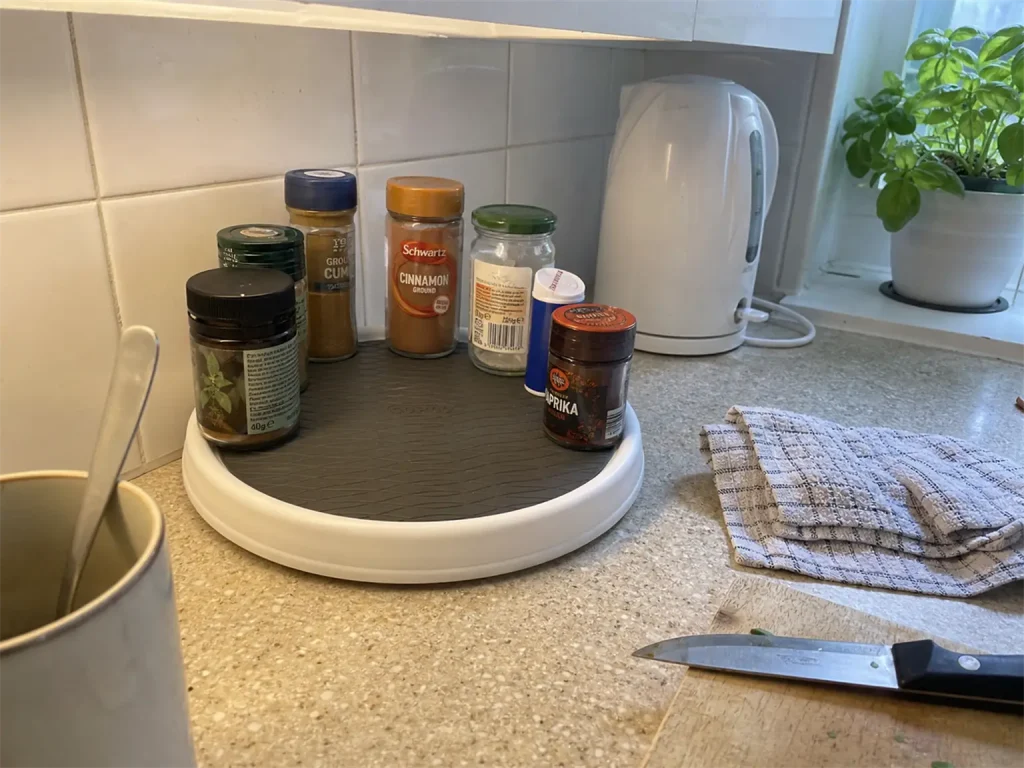 Best Spice Rack Organizers That Actually Stay Put 10 Non-skid turntable holding spice jars in a single ring on a small rental kitchen counter