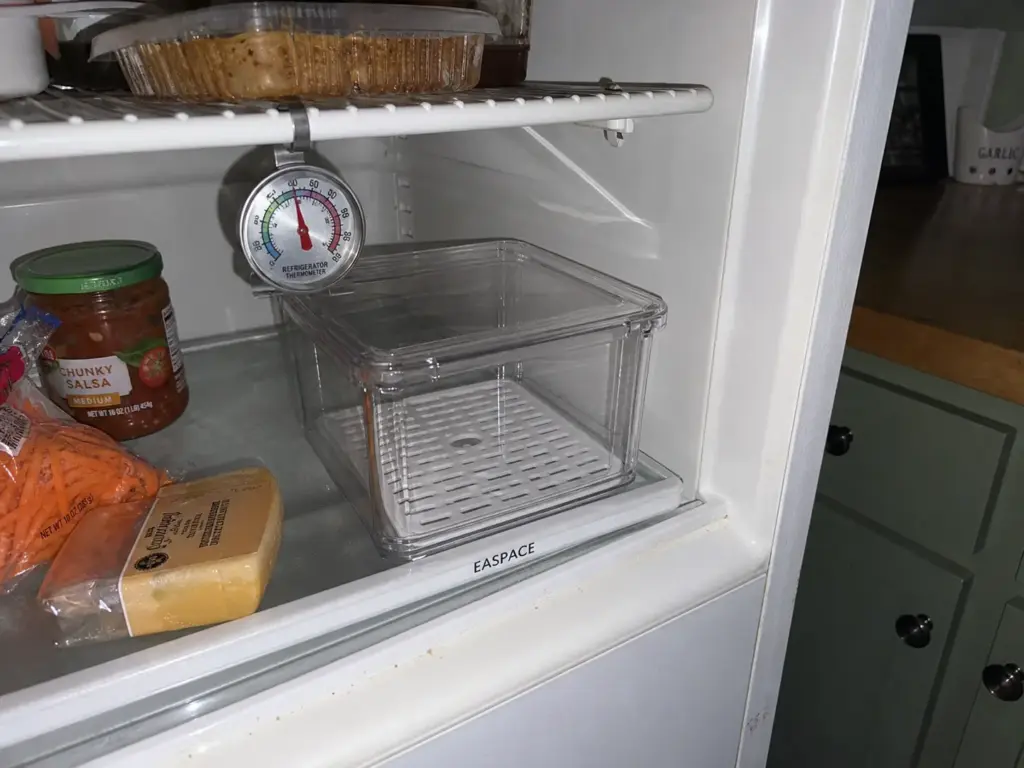 Empty labeled meal prep bin holding its place on a fridge shelf during a skipped prep week