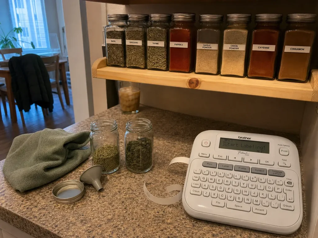 Brother P-Touch label maker on a counter beside freshly labeled DIY spice jars on a wall shelf