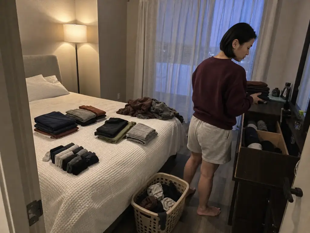 Laundry basket beside a dresser with clothes batch-folded by category on the bed