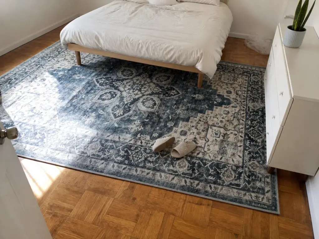 How to Make a Small Bedroom Look Bigger for Renters 6 Area rug under a raised bed in a small bedroom with bare floor visible around the rug edges
