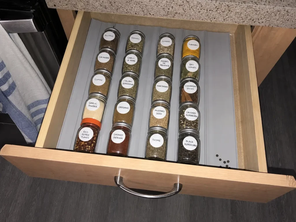 How to Organize Spices in a Small Kitchen Without a Rack 7 Open kitchen drawer with a YouCopia SpiceLiner holding spice jars lid-up and labeled on top